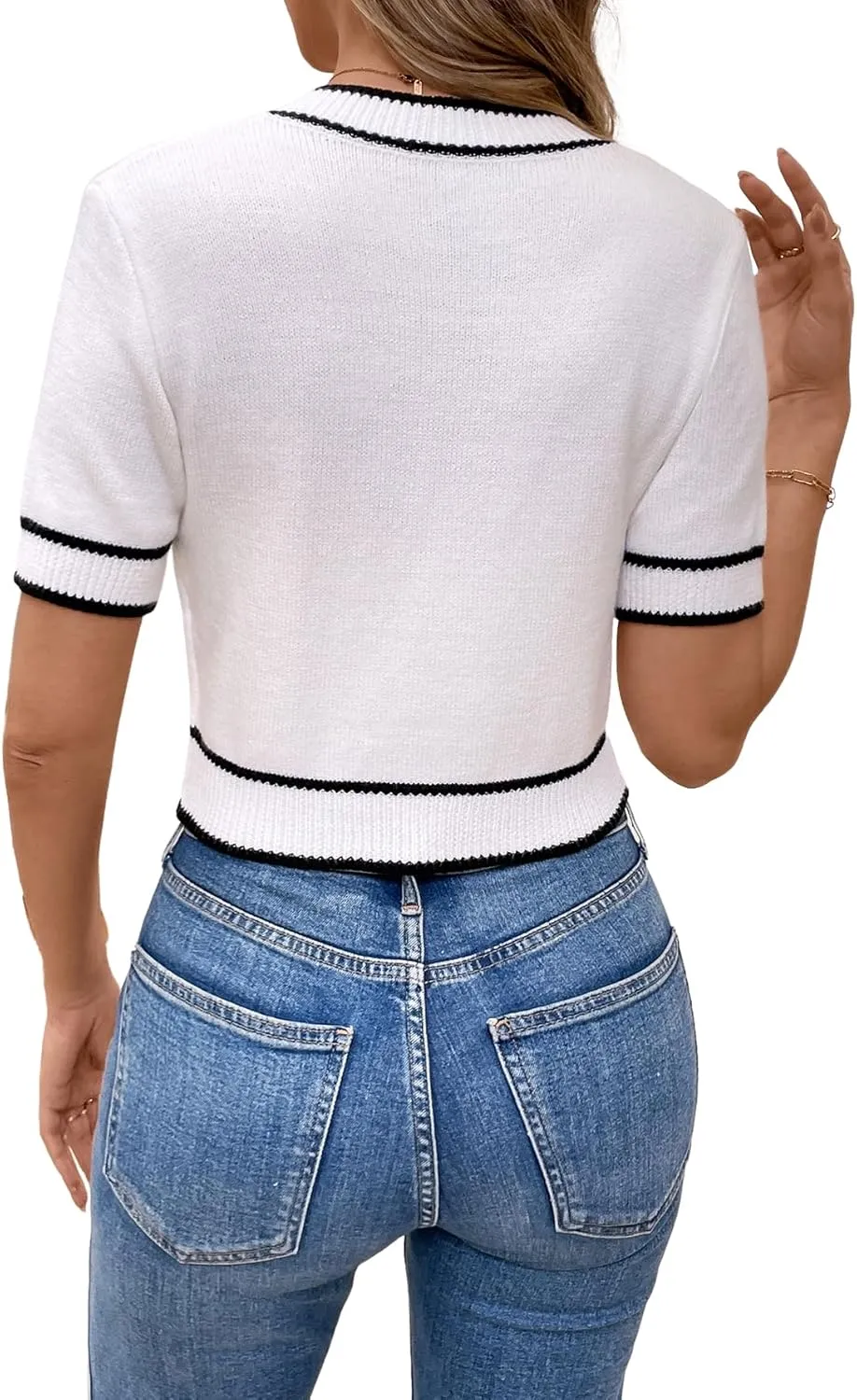 Verdusa Women's Short Sleeve Bow Sweater V Neck Knitted Vintage Cropped Sweater Pullover