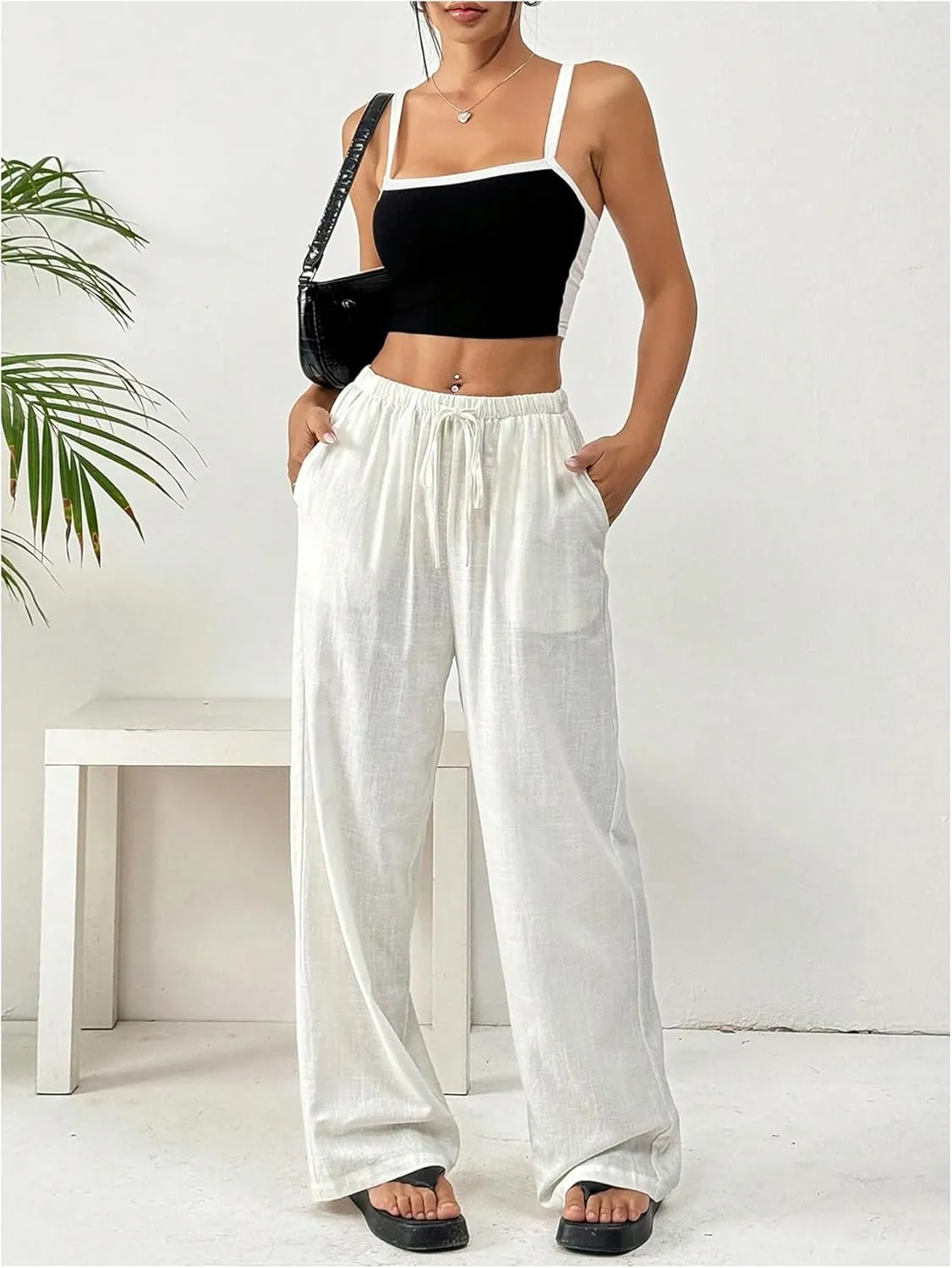WDIRARA Women's Drawstring Waist Straight Leg Long Pants Slant Pocket Loose Trousers