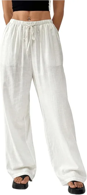WDIRARA Women's Drawstring Waist Straight Leg Long Pants Slant Pocket Loose Trousers