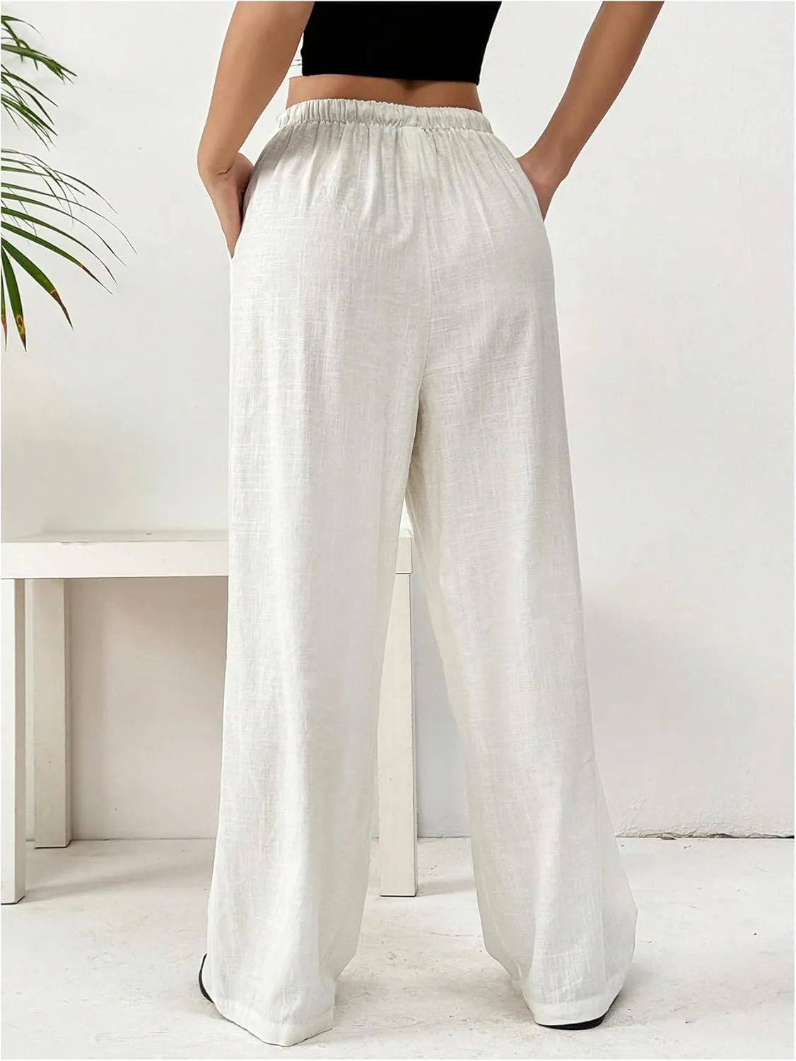WDIRARA Women's Drawstring Waist Straight Leg Long Pants Slant Pocket Loose Trousers