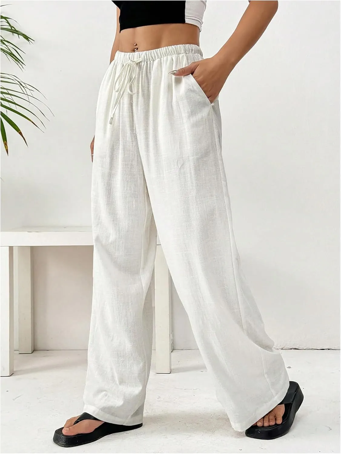 WDIRARA Women's Drawstring Waist Straight Leg Long Pants Slant Pocket Loose Trousers