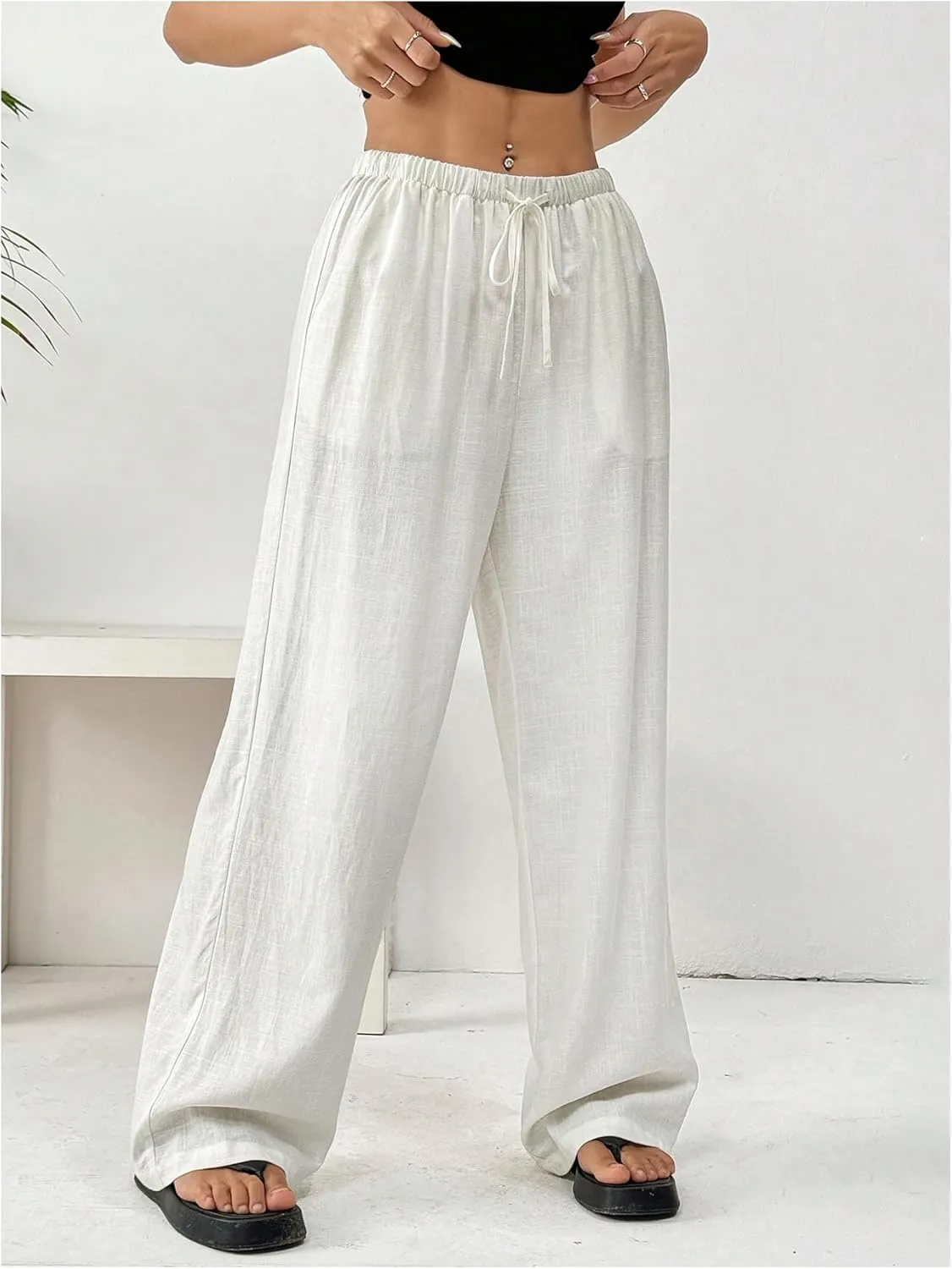WDIRARA Women's Drawstring Waist Straight Leg Long Pants Slant Pocket Loose Trousers