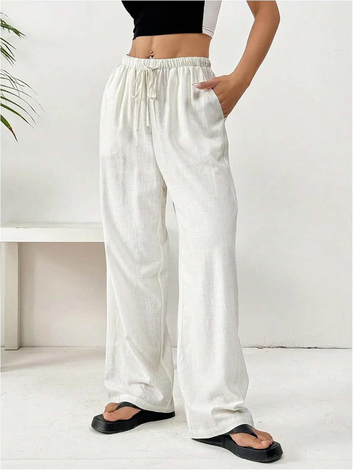 WDIRARA Women's Drawstring Waist Straight Leg Long Pants Slant Pocket Loose Trousers