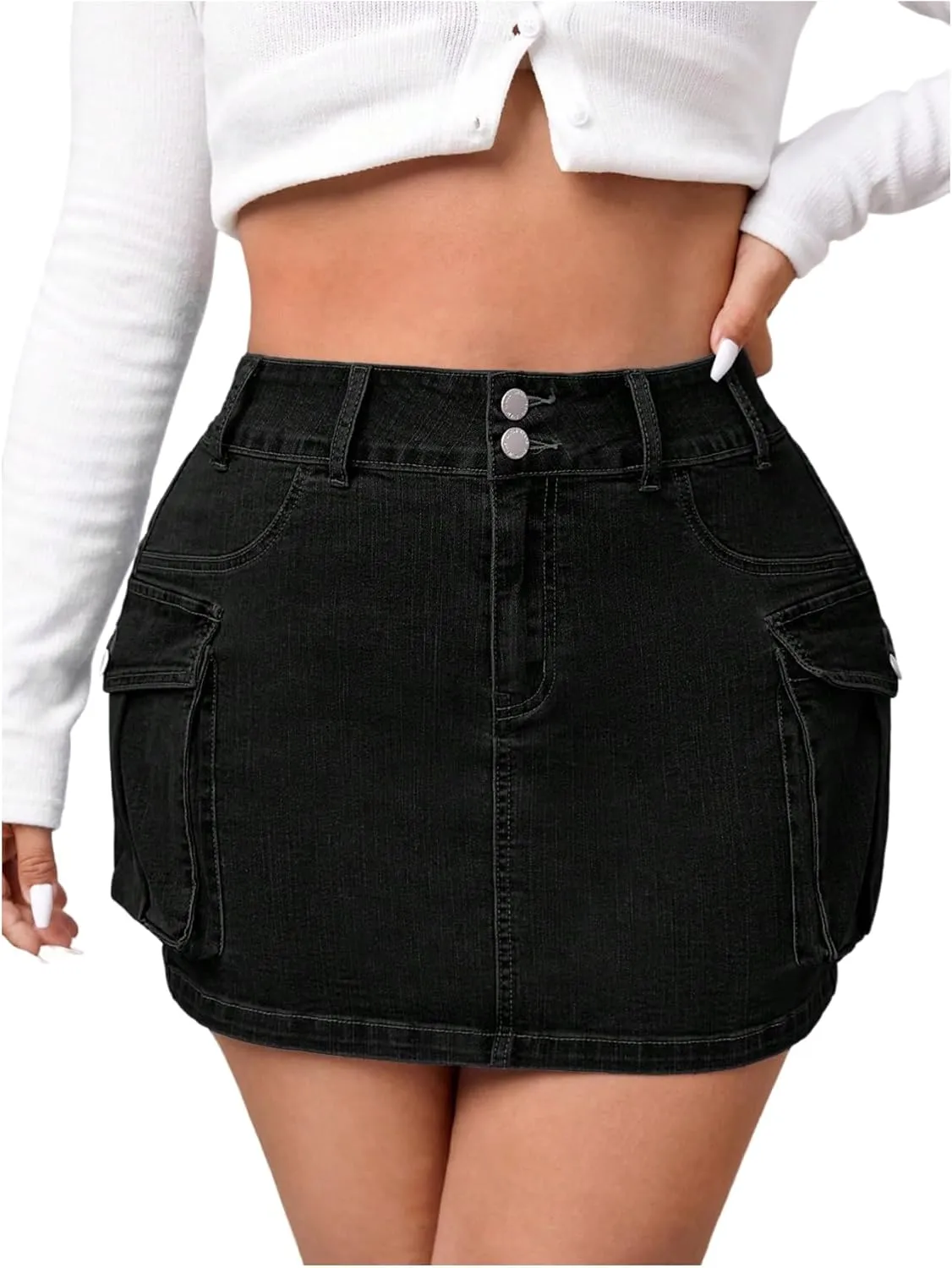 WDIRARA Women's Plus Size High Waisted Denim Cargo Skirt Stretchy Bodycon Mini Jean Skirts