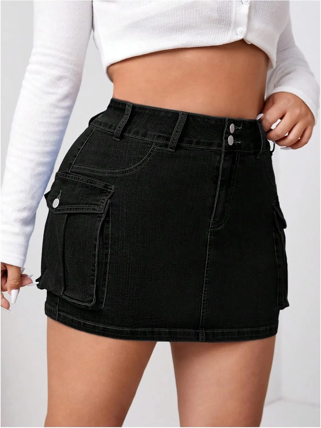 WDIRARA Women's Plus Size High Waisted Denim Cargo Skirt Stretchy Bodycon Mini Jean Skirts