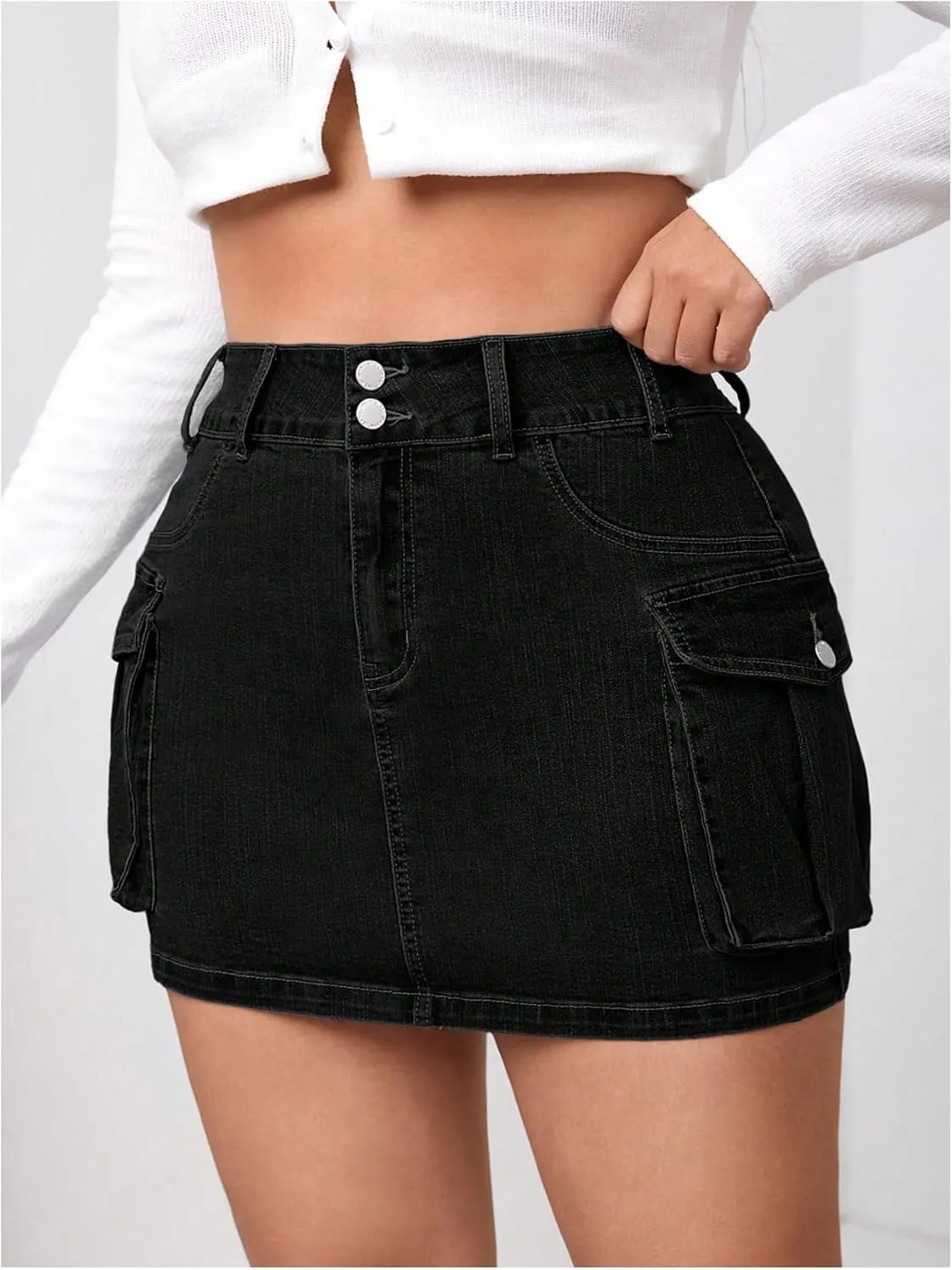 WDIRARA Women's Plus Size High Waisted Denim Cargo Skirt Stretchy Bodycon Mini Jean Skirts