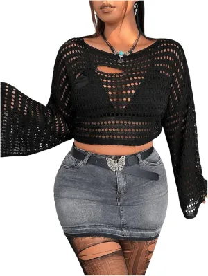 WDIRARA Women's Plus Size Hollow Out Cropped Sweater Keyhole Neck Flare Sleeve Loose Pullovers