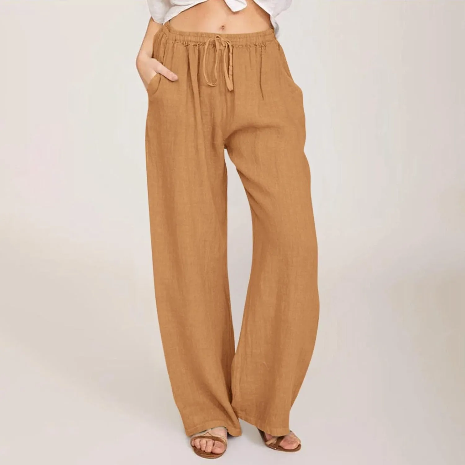 Wide Leg Linen Pants Women Baggy High Waisted Pants Straight Leg Beach Trousers Flowy Pull on Pants with Pockets