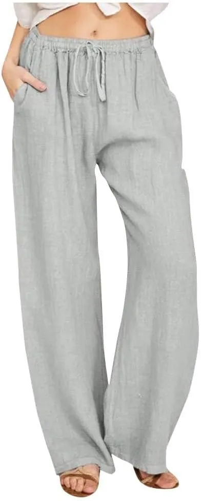 Wide Leg Linen Pants Women Baggy High Waisted Pants Straight Leg Beach Trousers Flowy Pull on Pants with Pockets