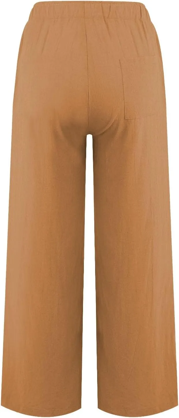 Wide Leg Linen Pants Women Baggy High Waisted Pants Straight Leg Beach Trousers Flowy Pull on Pants with Pockets