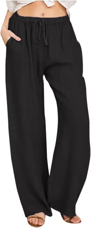 Wide Leg Linen Pants Women Baggy High Waisted Pants Straight Leg Beach Trousers Flowy Pull on Pants with Pockets