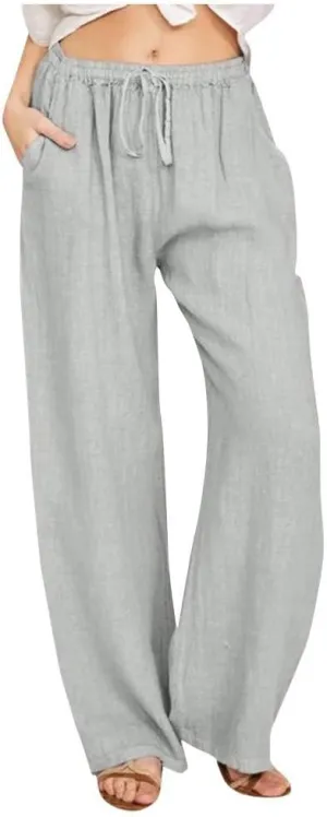 Wide Leg Linen Pants Women Baggy High Waisted Pants Straight Leg Beach Trousers Flowy Pull on Pants with Pockets