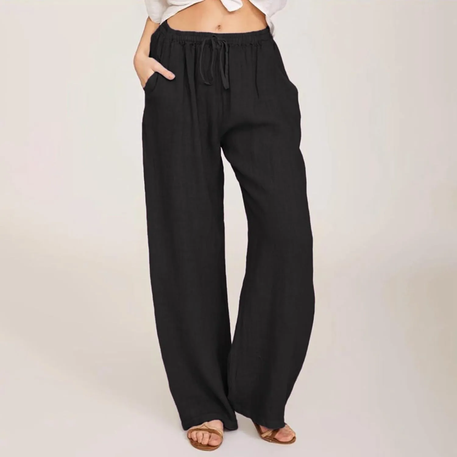 Wide Leg Linen Pants Women Baggy High Waisted Pants Straight Leg Beach Trousers Flowy Pull on Pants with Pockets