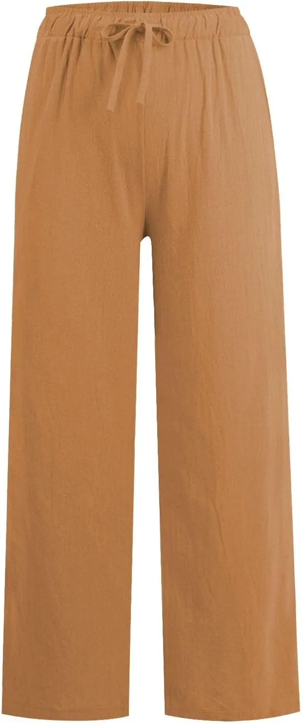 Wide Leg Linen Pants Women Baggy High Waisted Pants Straight Leg Beach Trousers Flowy Pull on Pants with Pockets