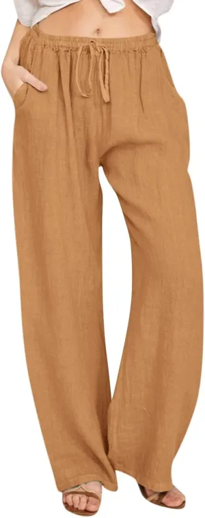 Wide Leg Linen Pants Women Baggy High Waisted Pants Straight Leg Beach Trousers Flowy Pull on Pants with Pockets