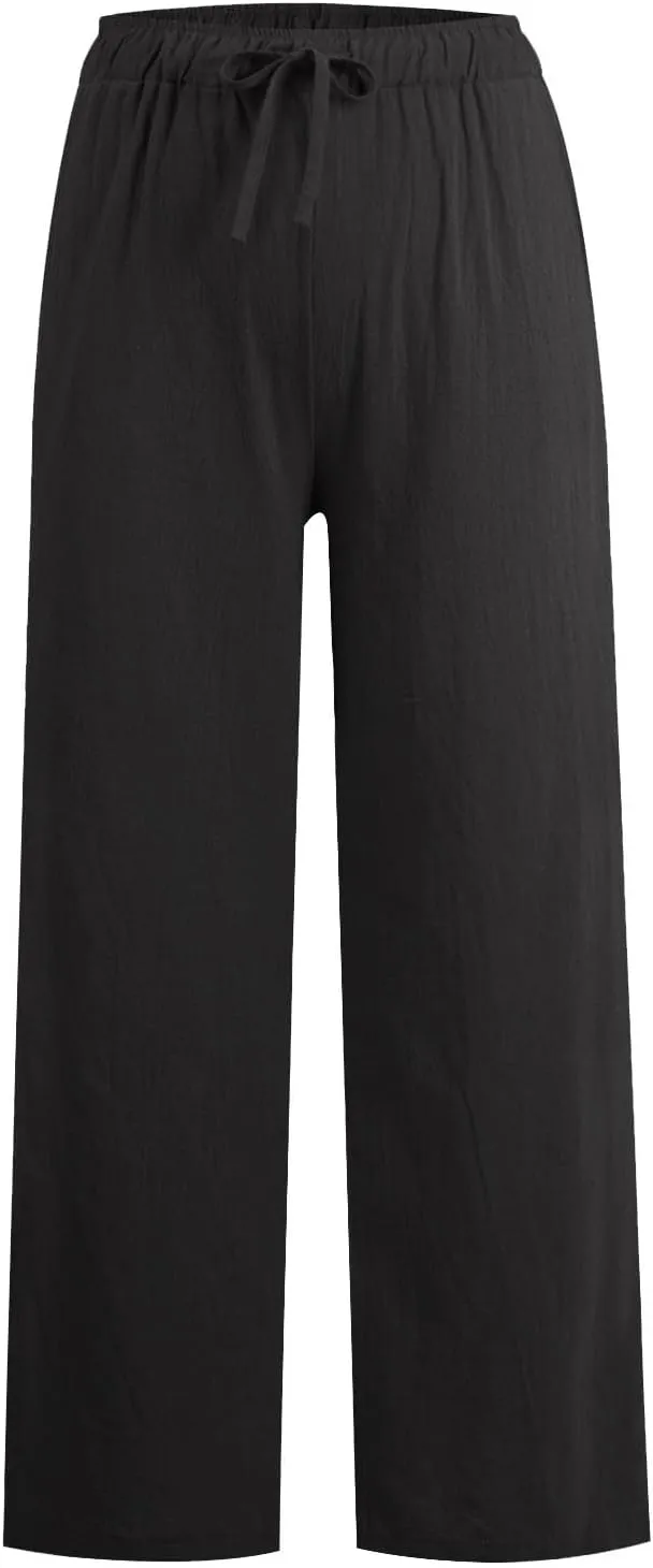 Wide Leg Linen Pants Women Baggy High Waisted Pants Straight Leg Beach Trousers Flowy Pull on Pants with Pockets