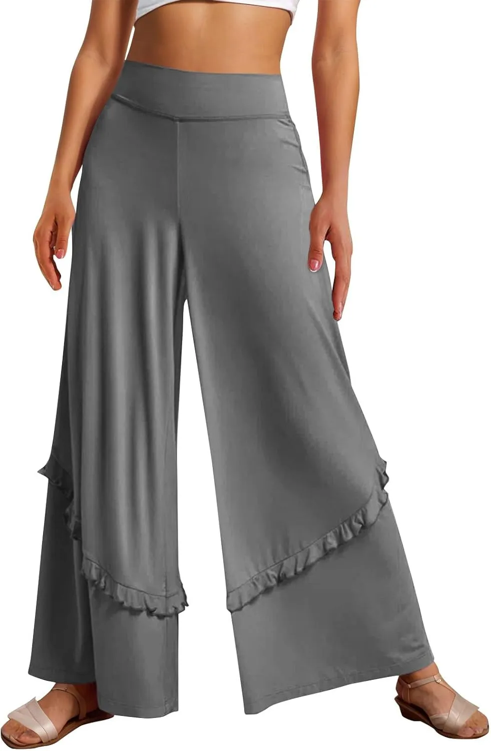 Wide Leg Pants Woman High Waisted Flowy Palazzo Pants Casual Cute Ruffle Comfy Lounge Cotton Yoga Pants Sweatpants
