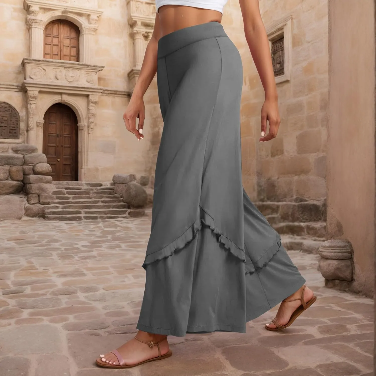 Wide Leg Pants Woman High Waisted Flowy Palazzo Pants Casual Cute Ruffle Comfy Lounge Cotton Yoga Pants Sweatpants