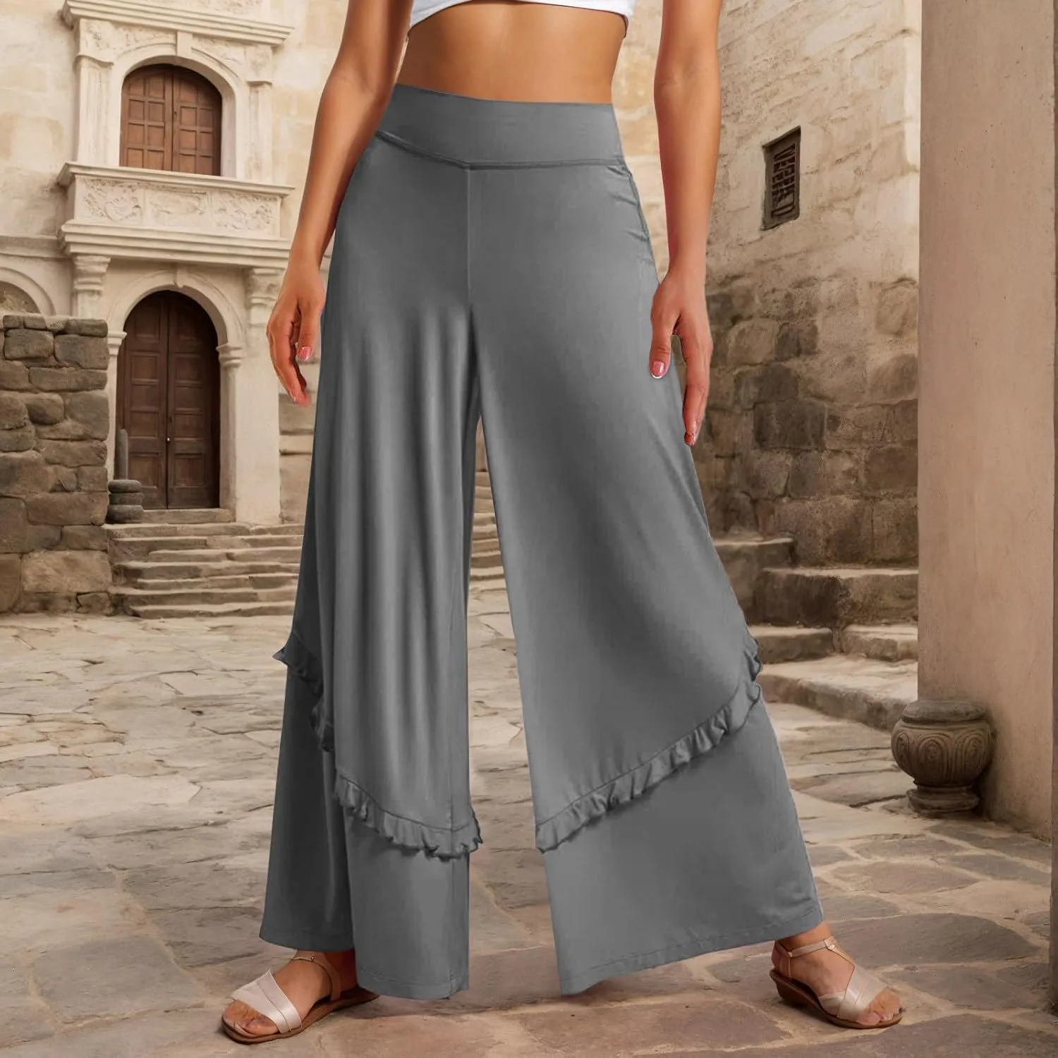 Wide Leg Pants Woman High Waisted Flowy Palazzo Pants Casual Cute Ruffle Comfy Lounge Cotton Yoga Pants Sweatpants