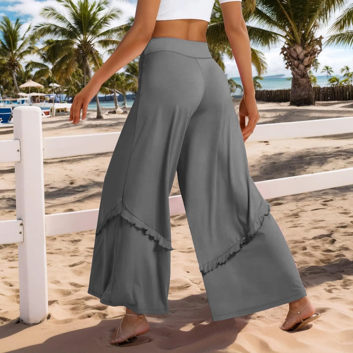 Wide Leg Pants Woman High Waisted Flowy Palazzo Pants Casual Cute Ruffle Comfy Lounge Cotton Yoga Pants Sweatpants