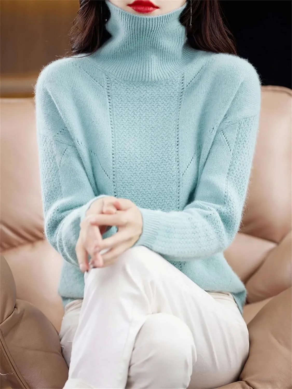 Winter Cashmere Sweater Women Turtleneck Thicken Knit Jumper Fashion Hollow Oversized Pullover