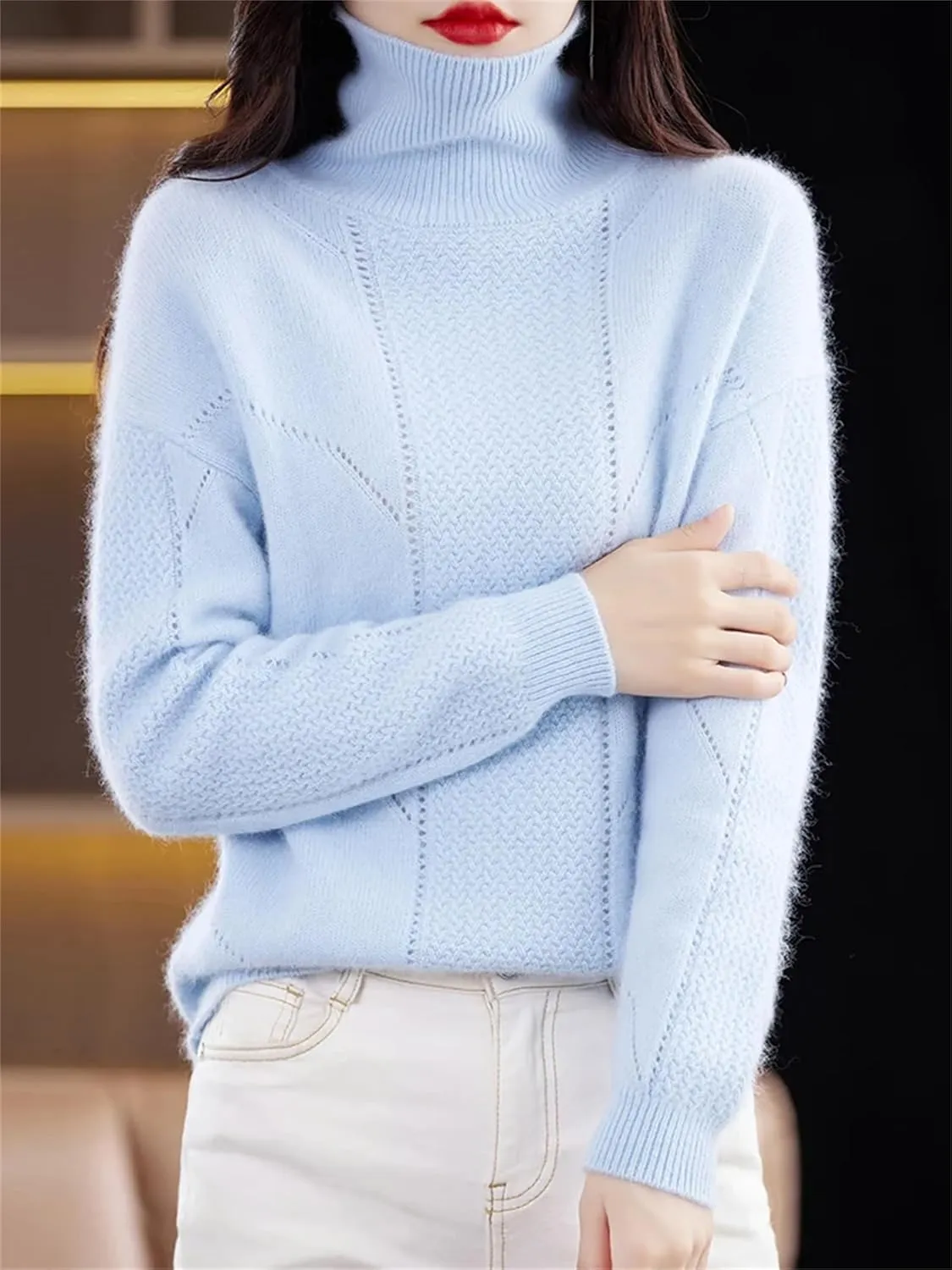 Winter Cashmere Sweater Women Turtleneck Thicken Knit Jumper Fashion Hollow Oversized Pullover