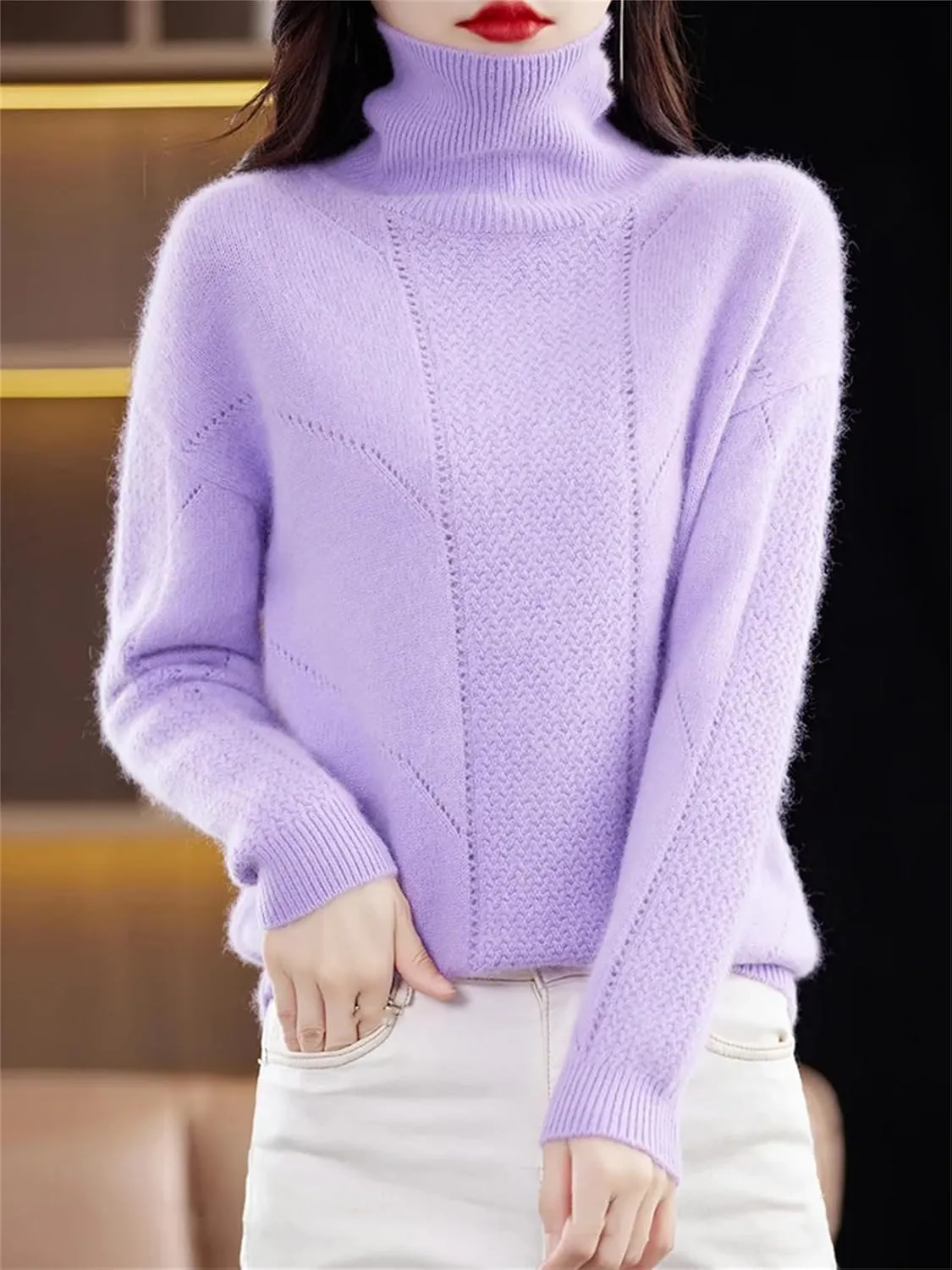 Winter Cashmere Sweater Women Turtleneck Thicken Knit Jumper Fashion Hollow Oversized Pullover