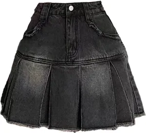 Women A-Line Denim Pleated Skirt Vintage Mini Jean Skirt