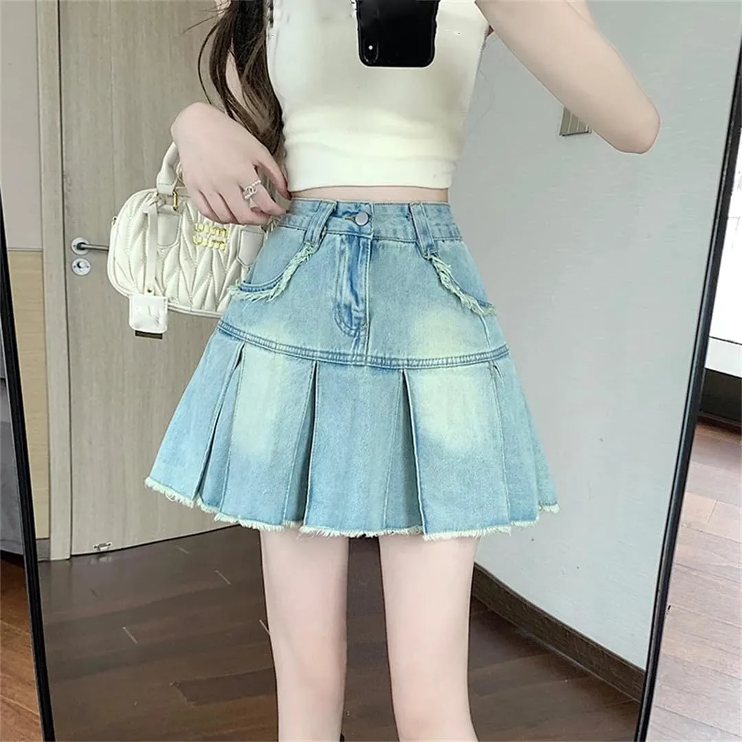 Women A-Line Denim Pleated Skirt Vintage Mini Jean Skirt