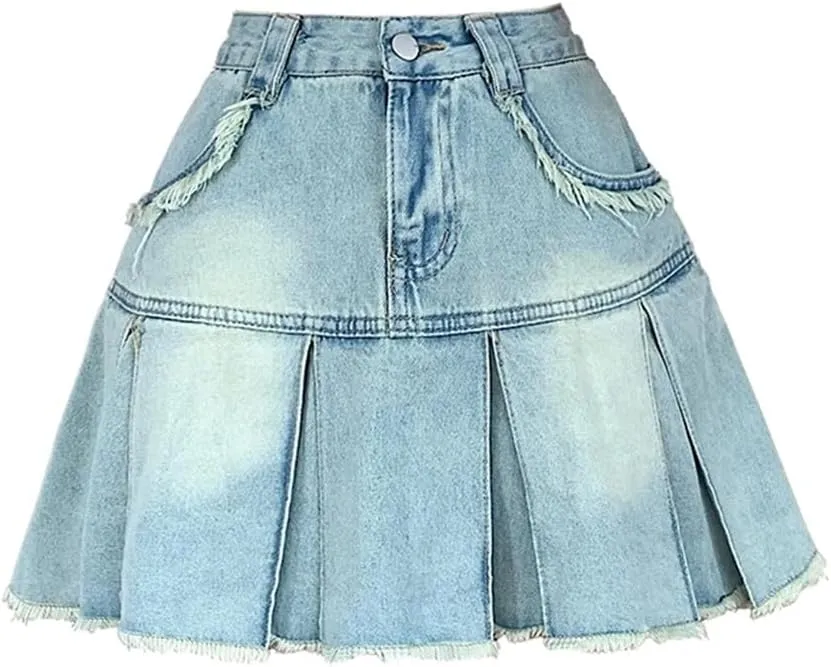 Women A-Line Denim Pleated Skirt Vintage Mini Jean Skirt