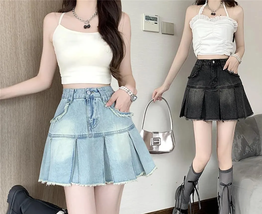 Women A-Line Denim Pleated Skirt Vintage Mini Jean Skirt