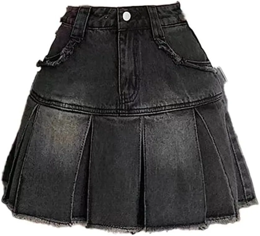 Women A-Line Denim Pleated Skirt Vintage Mini Jean Skirt