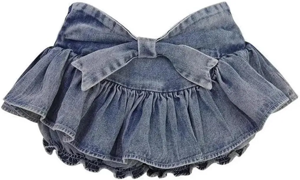 Women Bow Denim Skirt Summer Ruffle Low Waist Skirts Sexy Pleated Mini Skirts
