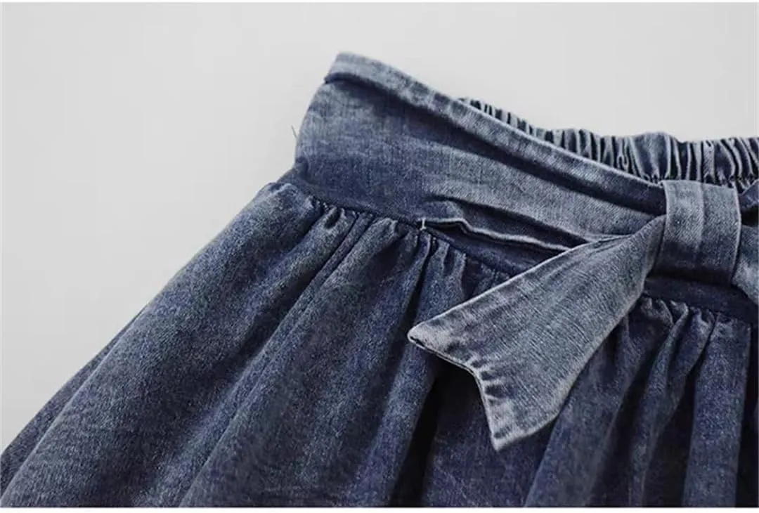 Women Bow Denim Skirt Summer Ruffle Low Waist Skirts Sexy Pleated Mini Skirts