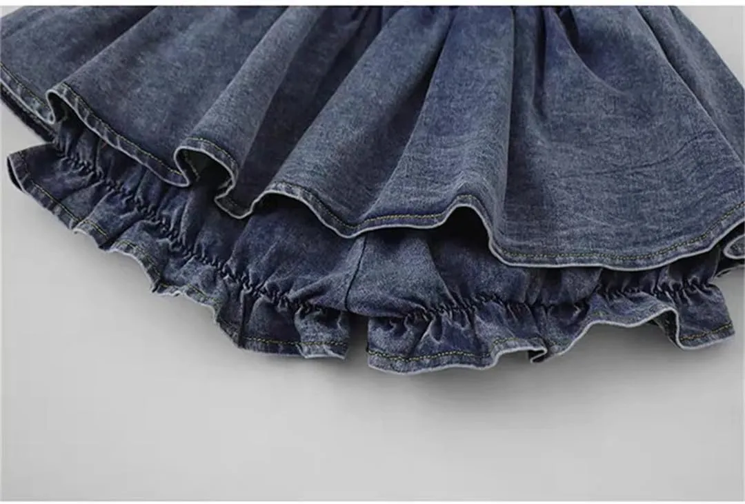 Women Bow Denim Skirt Summer Ruffle Low Waist Skirts Sexy Pleated Mini Skirts