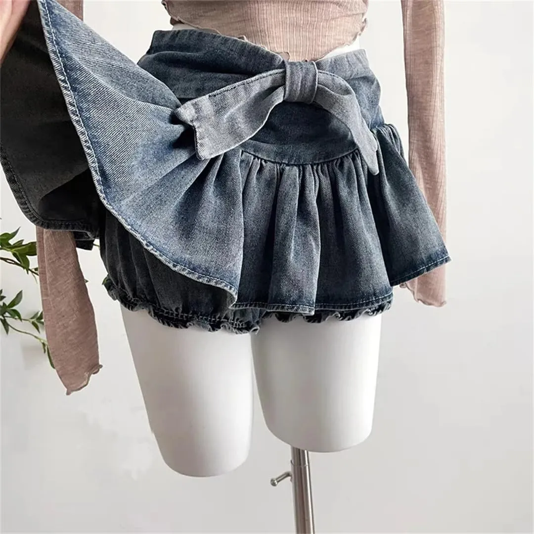 Women Bow Denim Skirt Summer Ruffle Low Waist Skirts Sexy Pleated Mini Skirts