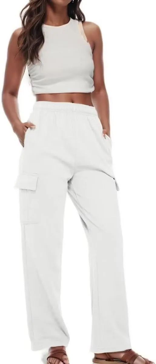 Women Cargo Sweatpants Casual Wide Leg Sweats Pants Dressy Elastic High Waist Active Lounge Trousers with Pockets