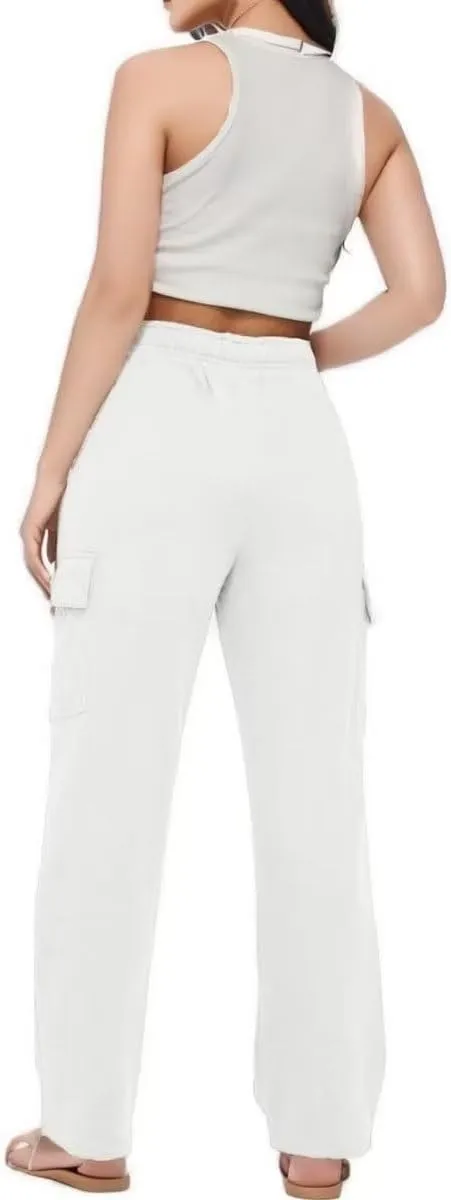 Women Cargo Sweatpants Casual Wide Leg Sweats Pants Dressy Elastic High Waist Active Lounge Trousers with Pockets