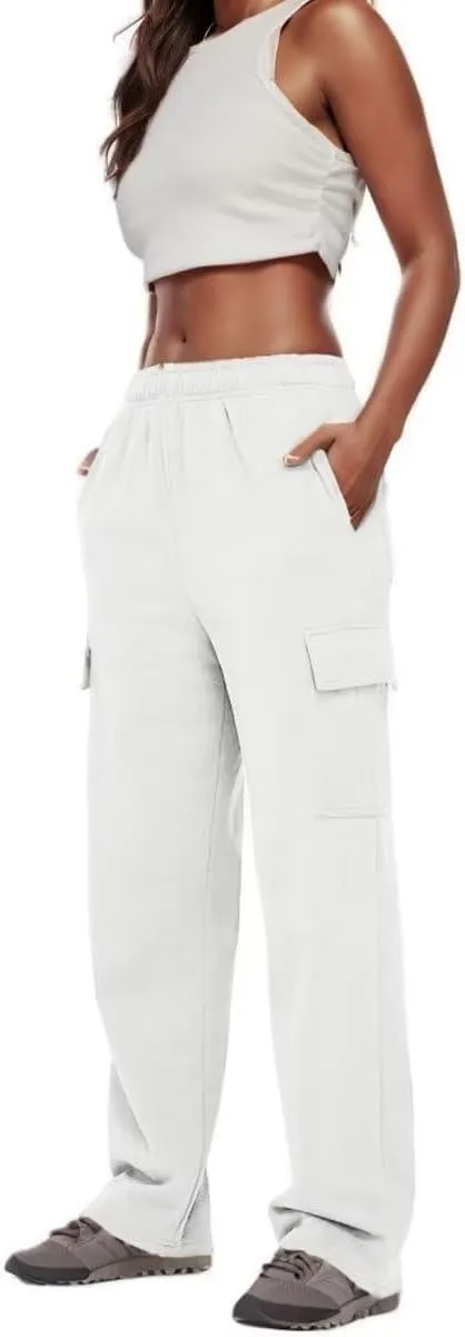 Women Cargo Sweatpants Casual Wide Leg Sweats Pants Dressy Elastic High Waist Active Lounge Trousers with Pockets