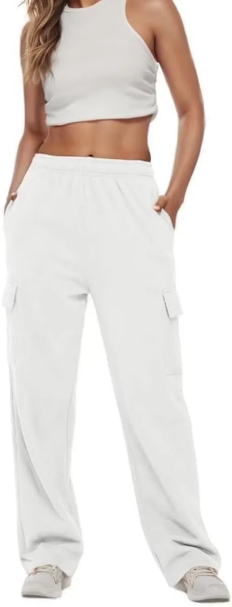 Women Cargo Sweatpants Casual Wide Leg Sweats Pants Dressy Elastic High Waist Active Lounge Trousers with Pockets