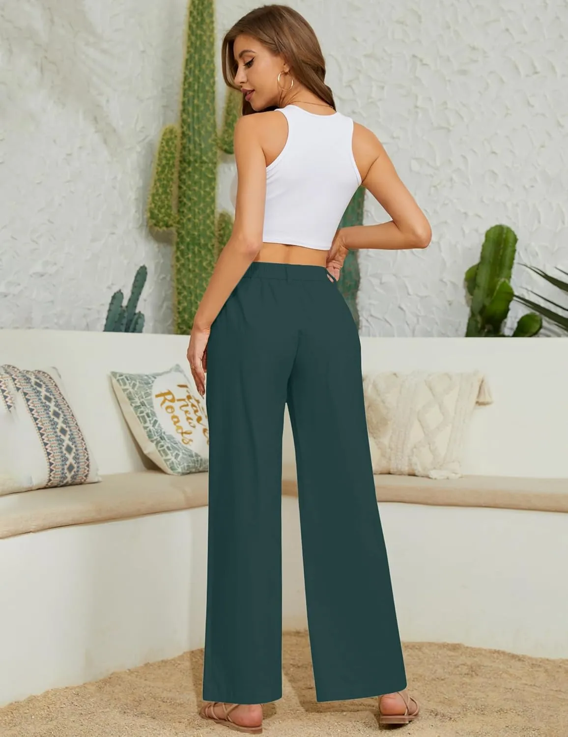 Women Casual Baggy Pants Wide Leg Elastic Waist Comfy Long Trendy Lounge Trousers with Pockets