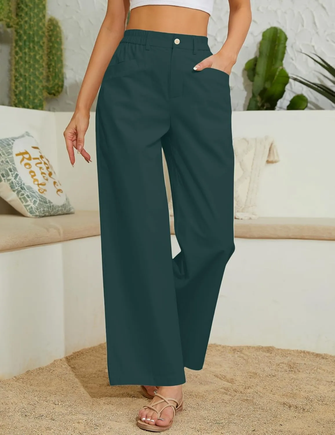 Women Casual Baggy Pants Wide Leg Elastic Waist Comfy Long Trendy Lounge Trousers with Pockets