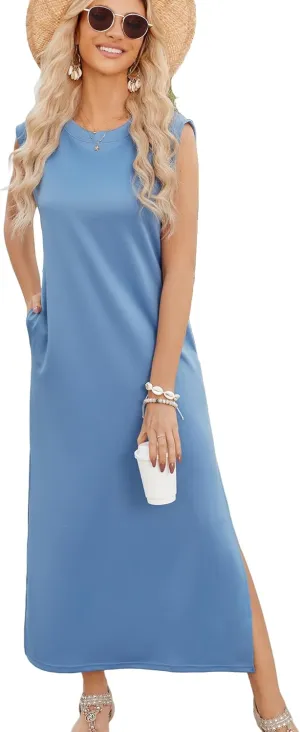 Women Casual Dress with Pockets Summer Dress Beach Maxi Dress Cap Sleeve Sundress Tank Long Dress