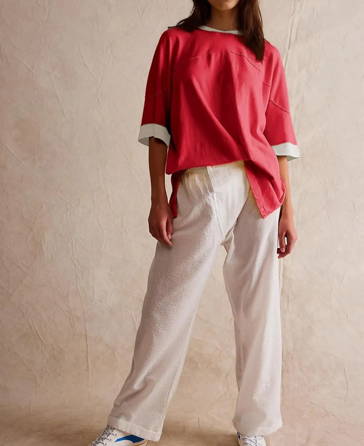 Women Color Block Oversized Shirt Casual Crewneck Drop Shoulder Tops Y2k Half Sleeve Side Split Summer Tees