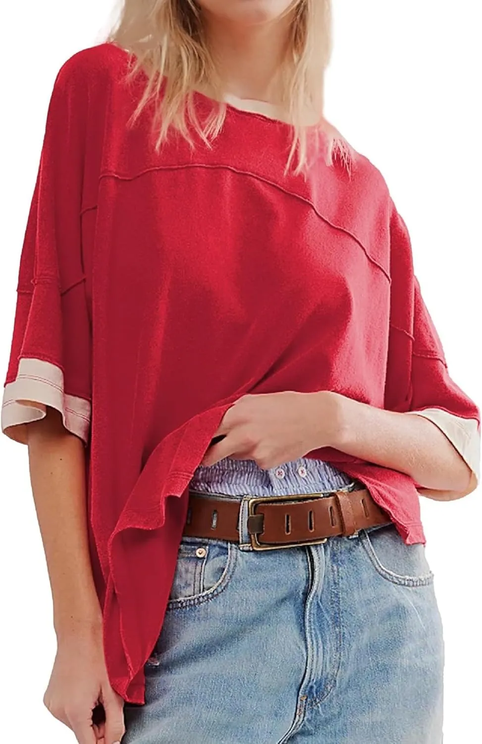 Women Color Block Oversized Shirt Casual Crewneck Drop Shoulder Tops Y2k Half Sleeve Side Split Summer Tees