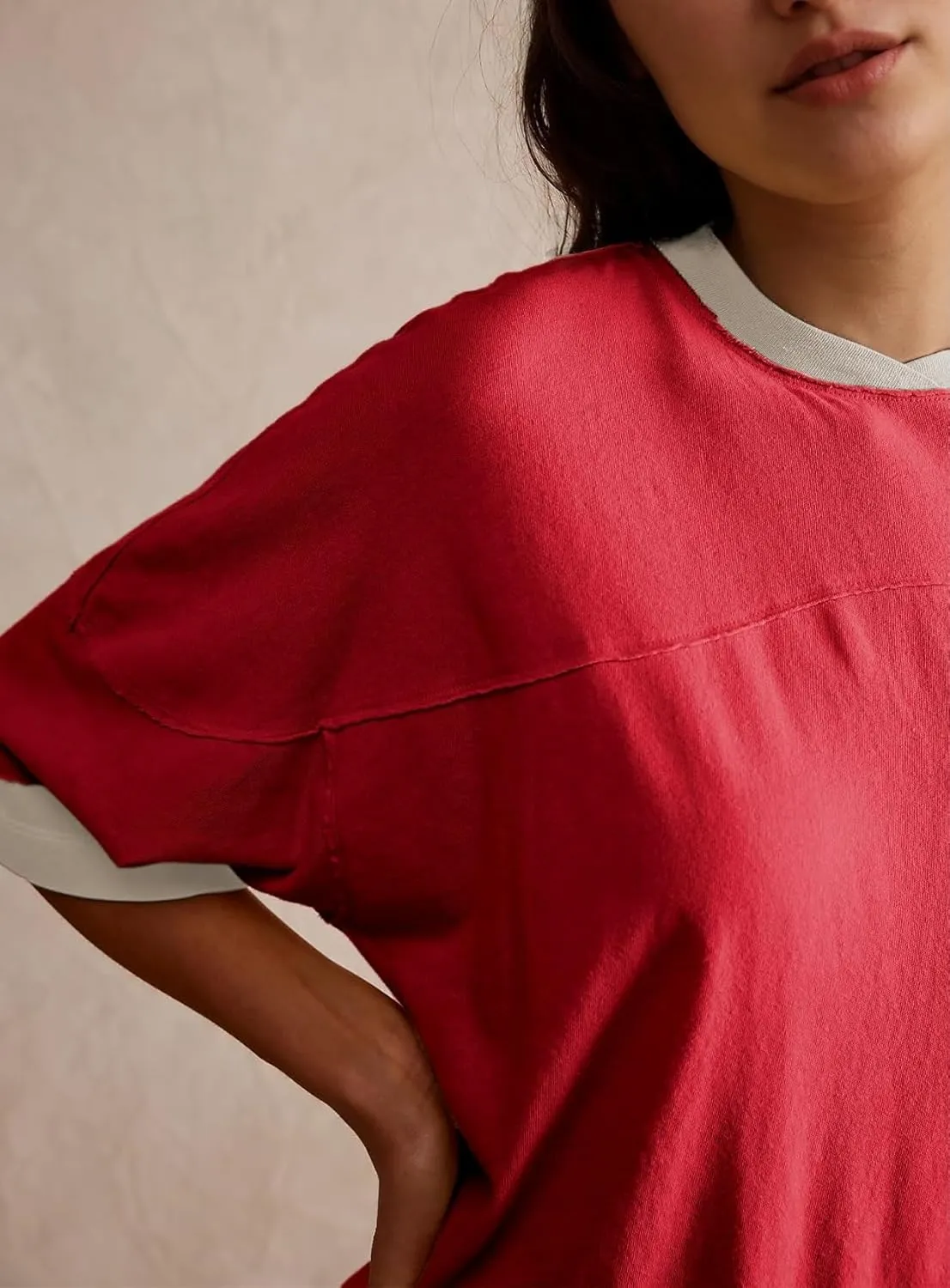 Women Color Block Oversized Shirt Casual Crewneck Drop Shoulder Tops Y2k Half Sleeve Side Split Summer Tees
