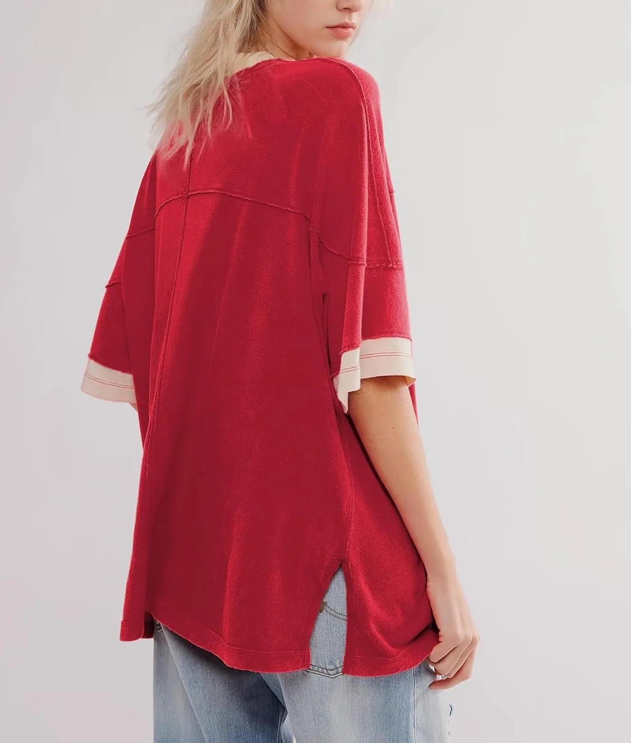 Women Color Block Oversized Shirt Casual Crewneck Drop Shoulder Tops Y2k Half Sleeve Side Split Summer Tees