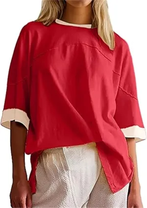 Women Color Block Oversized Shirt Casual Crewneck Drop Shoulder Tops Y2k Half Sleeve Side Split Summer Tees