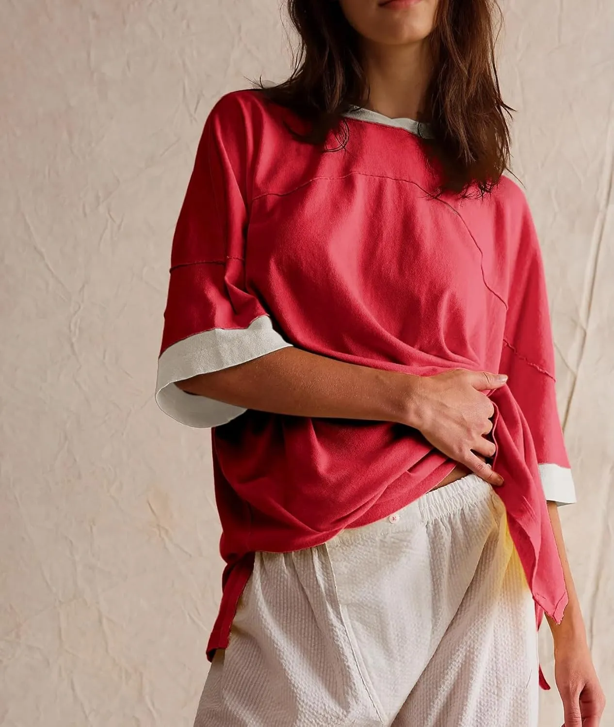 Women Color Block Oversized Shirt Casual Crewneck Drop Shoulder Tops Y2k Half Sleeve Side Split Summer Tees