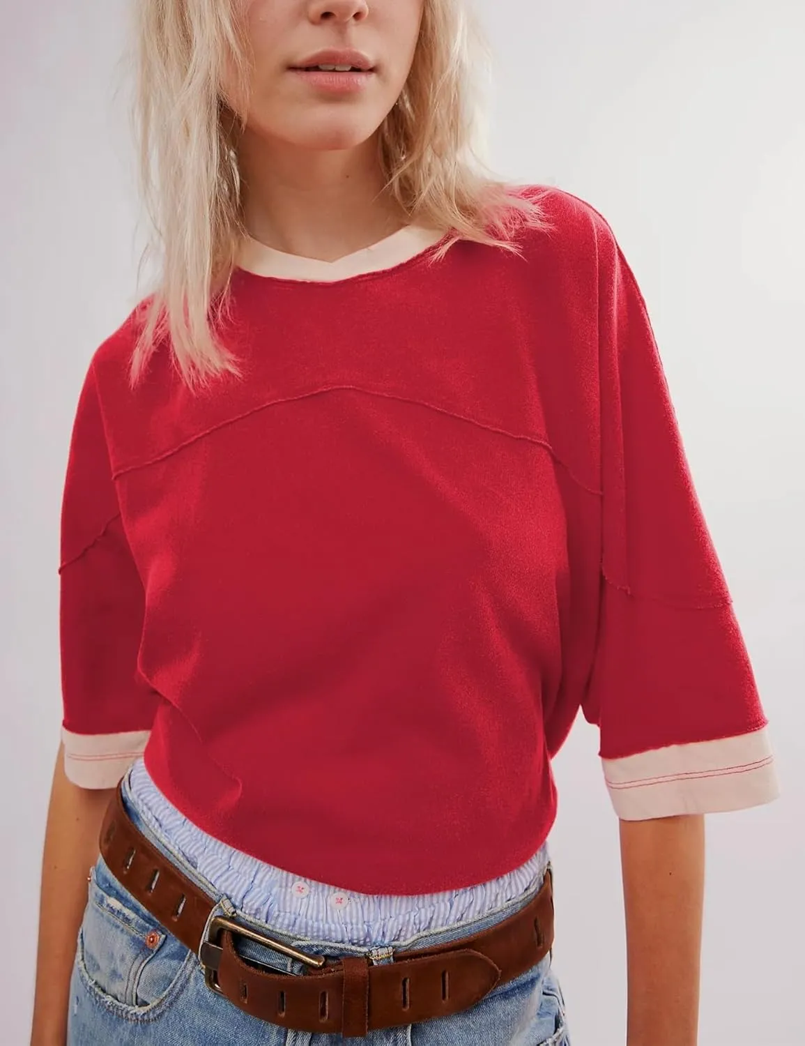 Women Color Block Oversized Shirt Casual Crewneck Drop Shoulder Tops Y2k Half Sleeve Side Split Summer Tees